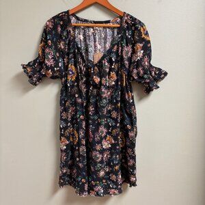 Natural Life Womens Tunic Dress Size M Puff Sleeve Distressed Floral Boho Hippie